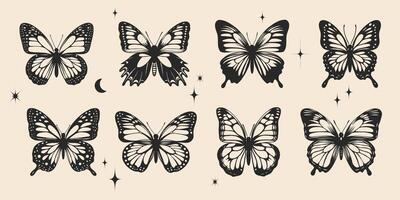 einfarbig einstellen von Schmetterlinge. schwarz und Weiß Briefmarke, Schablone Schmetterling und fliegend Insekten. Jahrgang Schmetterlinge tätowieren skizzieren, fliegen Insekt schwarz Hand gezeichnet Gravur. Sammlung vektor