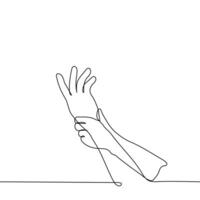 Hände von zwei Menschen einer von welche gepackt das zweite durch das Handgelenk - - einer Linie Zeichnung . Konzept von Schmerzen im das Handgelenk, Hand mit Tunnel Syndrom, Konflikt oder Zusammenstoß vektor