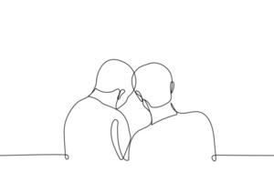 två män med nyfikenhet böjd deras huvuden över något - ett linje teckning . begrepp vänner eller kollegor observera eller lösa en problem tillsammans vektor