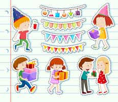 Klistermärke design med glada barn och festdekorationer vektor