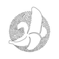 einzelne durchgehende Strichzeichnung Slice reifes gesundes Bio-Bananen-Obstgarten-Logo. Frisches tropisches Fruchtkonzept für Obstgartenikone. Wirbel-Curl-Kreis-Hintergrund-Stil. ein linienentwurfsvektor vektor