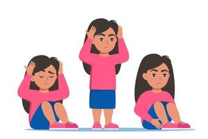ledsen flicka står och sitter i annorlunda poserar. autism, barn påfrestning, mental oordning, ångest, depression, påfrestning, huvudvärk. vektor