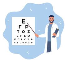 Augenarzt Stehen in der Nähe von Auge Prüfung Tafel und zeigen Brief. Augenheilkunde Diagnostik, Vision Korrektur, Optometrie. Augenarzt Überprüfung Sehvermögen von geduldig. Auge Klinik Termin. vektor