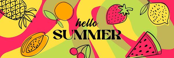 Hallo Sommer- Banner Design. horizontal Poster, Gruß Karte, Webseite Header, Etikette oder Flyer. modern abstrakt Kunst Design mit Früchte und Beeren, geometrisch Formen und wellig Fett gedruckt Linien vektor