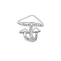 en kontinuerlig linjeritning av hela hälsosamma ekologiska svampar för gårdens logotypidentitet. färska paddsvamp koncept för grönsaksikonen. modern en rad rita grafisk design vektorillustration vektor
