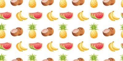 fruktig sommar mönster. sömlös mönster med babanas, kokos, vattenmelon och ananas på vit bakgrund. tecknad serie illustration vektor