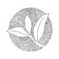 einzelne durchgehende Linie, die gesunde Bio-Teeblätter für die Identität des Plantagenlogos zeichnet. frische zarte Knospe des Teetriebs für Teeblattikone. Wirbel-Curl-Kreis-Hintergrund-Stil. ein linienentwurfsvektor vektor