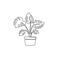 en kontinuerlig linjeteckning skönhet krukväxt tropiska löv monstera växt. utskrivbart dekorativt krukväxtkoncept för hemväggsdekoration. moderna en rad rita design grafisk vektorillustration vektor