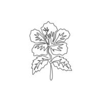 en enda linjeteckning av skönhet färsk hibiskus för trädgårdslogotyp. dekorativt ros malva blomma koncept för vägg heminredning affisch. modern kontinuerlig linje rita grafisk design vektorillustration vektor