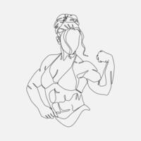 weiblich Bodybuilder zeigen ihr Bizeps Muskel. kontinuierlich einer Linie Zeichnung. editierbar Schlaganfall. trainieren Sport Fitnessstudio passen Körper Konzept. Grafik Illustration. vektor