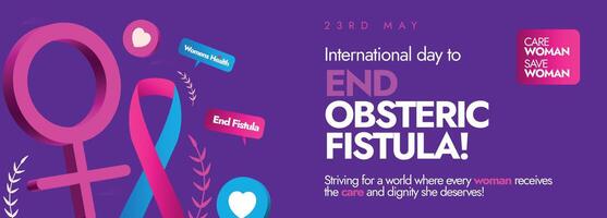 internationell dag till slutet obstetrisk fistel dag. 23: e Maj internationell dag till slutet obstetrisk fistel medvetenhet, firande baner med band i rosa, ljus blå Färg med lila bakgrund. vektor