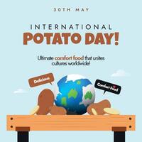 internationell potatis dag. 30:e Maj internationell potatis dag firande baner, social media posta med en trä- tabell, jord klot och potatisar på Det. de tema är skörd mångfald, matning hoppas. vektor