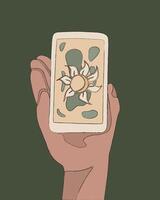 Illustration von Tarot Karte zeigen Mensch Hand. Tarot online. Prognose von das Zukunft. Divination auf Karten. vektor