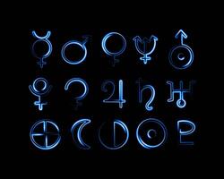 Planet Symbole Satz. astrologisch Bezeichnungen. Neon- Zeichen von das Planeten zum Astrologen und Handlinienspieler. vektor