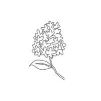 Eine durchgehende Linie, die Schönheit frisch syringa vulgaris für das Gartenlogo zeichnet. Druckbares dekoratives lila Blumenkonzept für Wohnkultur-Wandkunst-Plakatdruck. Einzeilige Zeichnungsdesign-Vektorillustration