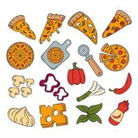 pizza ingrediens begrepp klotter färgrik tecknad serie design element vektor