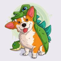 söt hund ras welsh corgi pembroke i full längd bär ett uppblåsbar t Rex dinosaurie kostym vektor