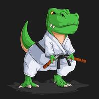 hand dragen rolig dinosaurie t rex bär karate eller kung fu kimono innehav en brun nunchaku vektor