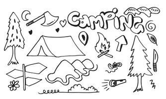handgezeichnete Camping- und Wanderelemente, isoliert auf weißem Hintergrund. Camping-Doodle-Symbole skizzieren handgemacht. vektor