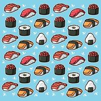 sömlös mönster av sushi och ris klotter hand dragen vektor