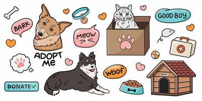 en uppsättning av isolerat ritningar på de tema av en skydd för hundar och katter, sällskapsdjur förnödenheter. adoption. porträtt av rolig sällskapsdjur. lämplig för klistermärken, flygblad, social media, kort, annons, grafik, banderoller. vektor