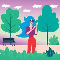 elegant Illustration Frau im Gläser, im ein Park, im Natur vektor