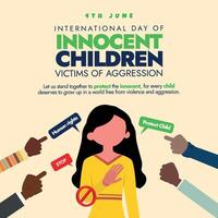 internationell dag av oskyldig barn offer av aggression. 4:e juni barn missbruk medvetenhet baner med en flicka barn och människor pekande finger på henne. skydda barn från fysisk, mental missbruk. vektor