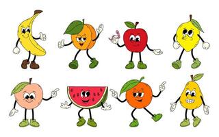 uppsättning av häftig frukter. tecknad serie frukt i platt stil. klotter komisk illustration. hand dragen retro årgång trendig stil frukt tecknad serie karaktär banan, aprikos, citron, persika och Övrig frukter. vektor