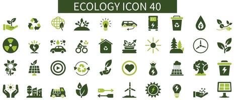 Ökologie eben Symbole Satz. recyceln, Öko, Solar- Leistung, Wind Leistung, Natur, elektrisch Auto Symbole und Mehr Zeichen. eben Symbol Sammlung. vektor