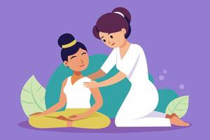 kvinna klient tar emot tillbaka massage från ett asiatisk terapeut i lugn spa miljö. lugn spa terapi erfarenhet. begrepp av hälsa, avslappning, professionell massage, påfrestning lättnad. grafisk konst vektor