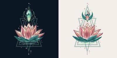 bunt Vertikale Komposition mit Lotus Blume, Magie glühend Kristall, Gliederung dreieckig Formen. mysteriös, mystisch Konzept zum Meditation, klar Bewusstsein. Jahrgang Stil. vektor