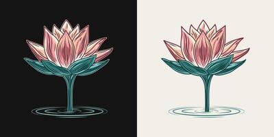 blomning lotus blomma på stam stigande från de vatten. sida se. årgång färgrik illustration på svart, vit bakgrund. vektor