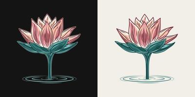 Blühen Lotus Blume auf Stengel steigend von das Wasser. Seite Sicht. Jahrgang bunt Illustration auf Schwarz, Weiß Hintergrund. vektor