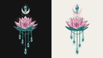 Vertikale bunt Etikette mit Lotus Blume, Magie glühend Kristall. mysteriös, mystisch Konzept zum Meditation, klar Bewusstsein. Jahrgang Stil. vektor