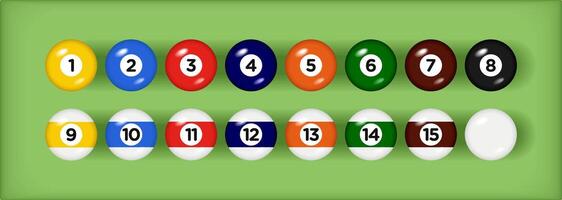 Billard, Schwimmbad Bälle mit Zahlen Sammlung. 3d Objekte realistisch glänzend Snooker Ball. Grün Hintergrund Illustration vektor