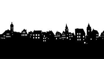 schwarz Silhouette Stadt, Dorf isoliert Weiß Illustration. Haus Hintergrund Gebäude Design und abstrakt Landschaft Gliederung mit Dach. städtisch Straße horizontal draussen Struktur. vektor