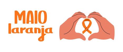 Maio laranja Kampagne gegen Gewalt Forschung von Kinder. Hände mit Orange Schleife. eben Banner. vektor