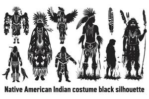 inföding amerikan indisk kostym svart silhuett, ung kvinna i kostym av amerikan indiska. silhuett av skön indisk kvinnor vektor