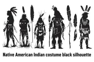 einheimisch amerikanisch indisch Kostüm schwarz Silhouette, jung Frau im Kostüm von amerikanisch indisch. Silhouette von schön indisch Frauen vektor