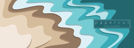 Papier Schnitt Türkis Wasser Wellen und Sand Strand Hintergrund. ausgeschnitten minimalistisch Luxus geschichtet Wellen . 3d Rahmen Symbol zum Plakate und Flyer, Präsentation, Netz, Sozial Medien, Design und Banner. vektor