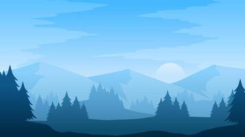 landskap illustration av tall skog silhuett med morgon- dimma vektor