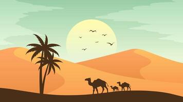 Landschaft Illustration von Kamele Silhouette im das Sand Wüste vektor