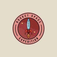 raket Plats fartyg emblem logotyp illustration mall grafisk design. flyg- tecken och symbol för astronomi begrepp med cirkel bricka typografi stil vektor