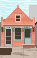 hus med orange tegelstenar och grön dörr bland lång byggnader vektor