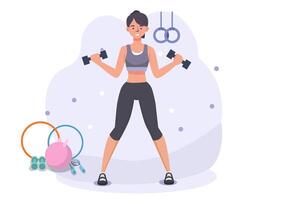 kvinna utövar på de Gym innehav en hantel. en passa och energisk ung kvinna hissar vikter för en friskare kropp. vektor