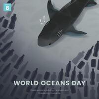 värld oceaner dag design mall med hajar och marin skräp vektor