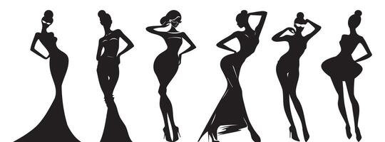 schwarz Silhouetten von ein Frau Satz, schön Figur, anders Posen, schön gezeichnet Modell- ungewöhnlich posiert vektor