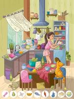 Mädchen Köche mit Katze im das Küche vektor