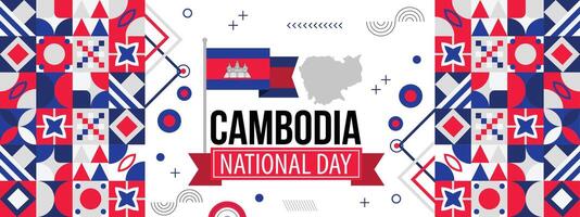 cambodia oberoende dag, baner design för cambodia nationell dag. baner med kambodjanska flagga färger tema bakgrund och geometrisk abstrakt vektor