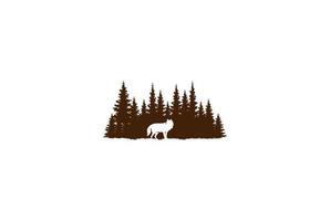 Kiefernzeder Nadelbaum Nadelbaum immergrüne Tanne Lärche Zypresse Hemlocktanne Wald mit Wolfshund Schakal für Camp Outdoor Abenteuer Logo Design Vektor